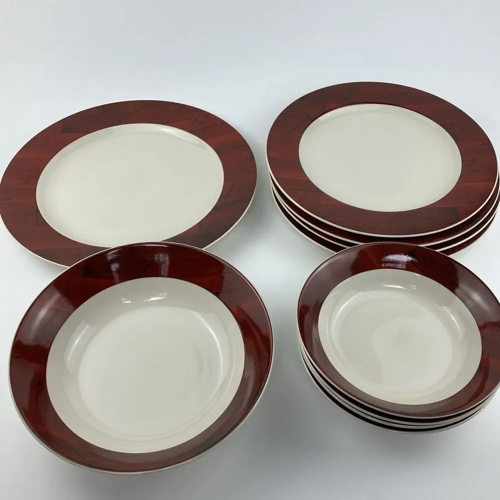 Vintage Sakura Warren Kimble Barn Dinnerware Set Red Woodgrain 1998